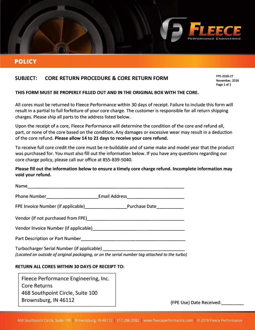 FLEECE CORE RETURN FORM